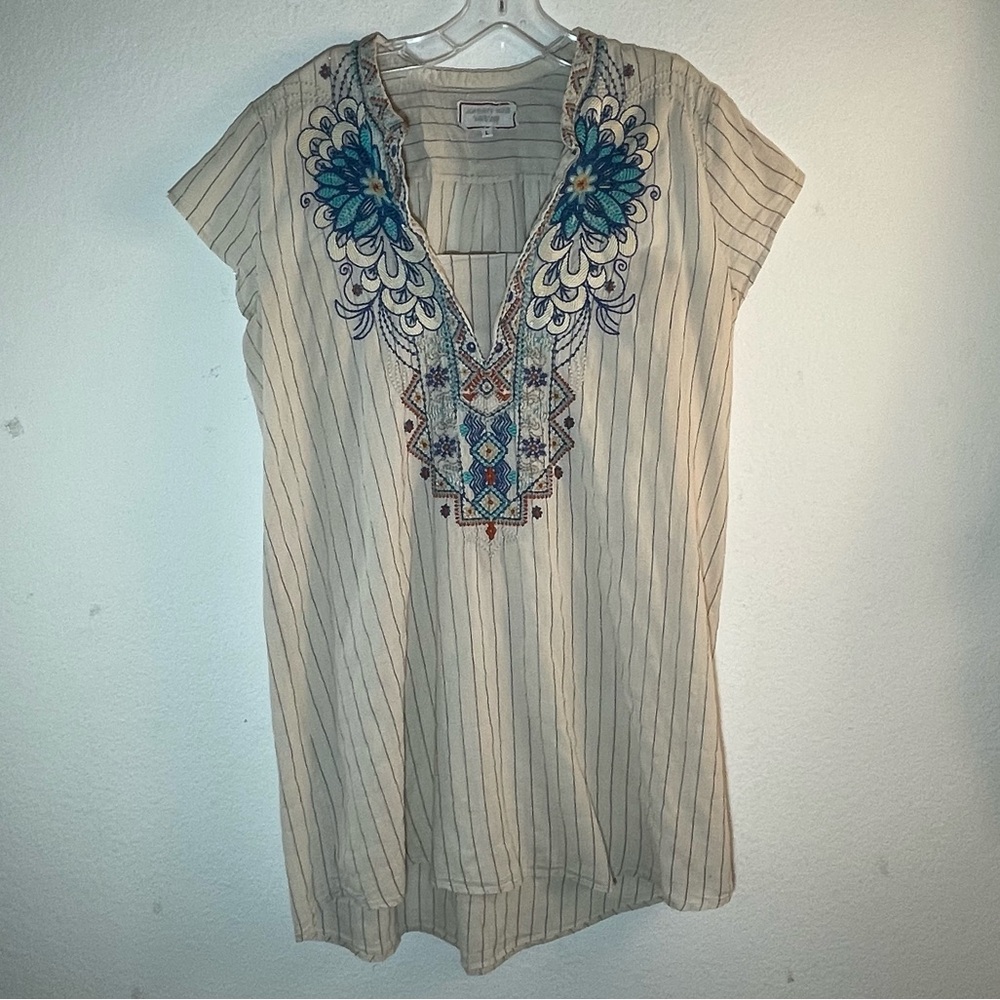 Johnny Was Workshop Embroidered Striped Tunic Dress Cap Sleeves Size L  W20917-6